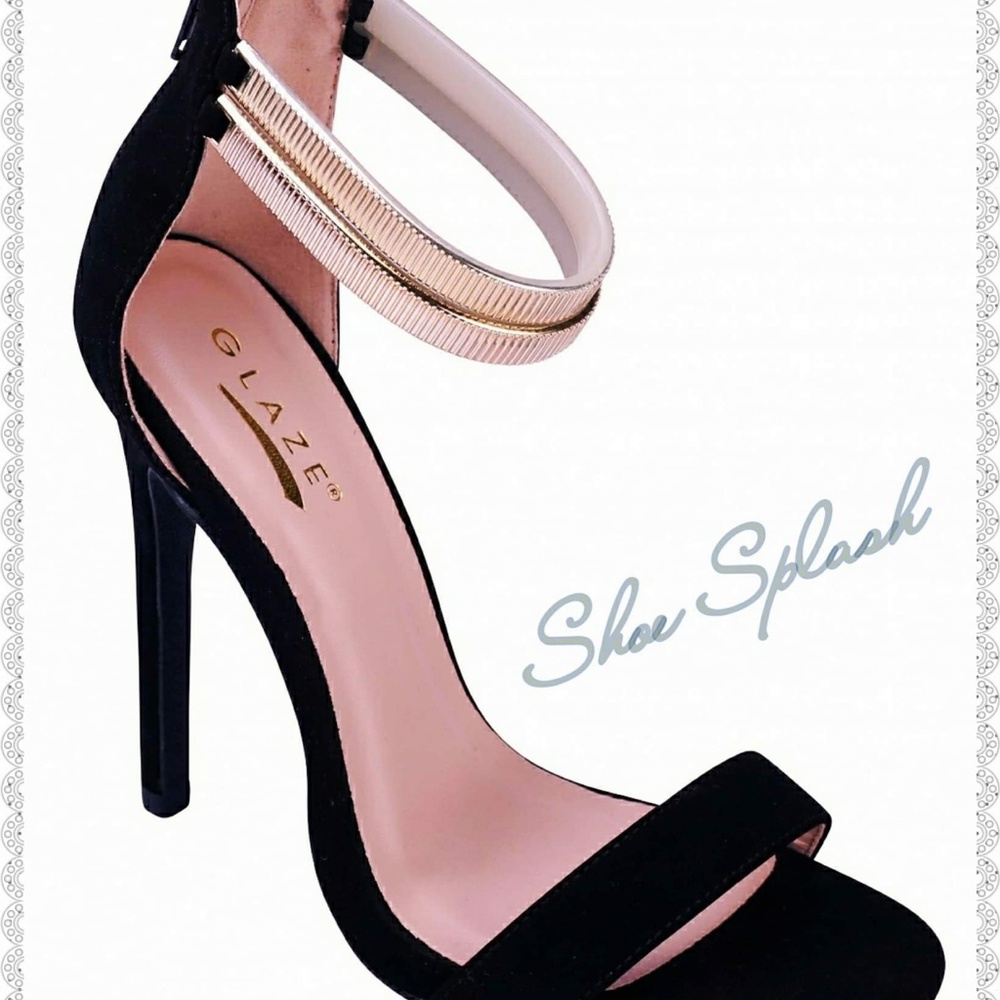 New:Black Sandal heels with Gold Straps